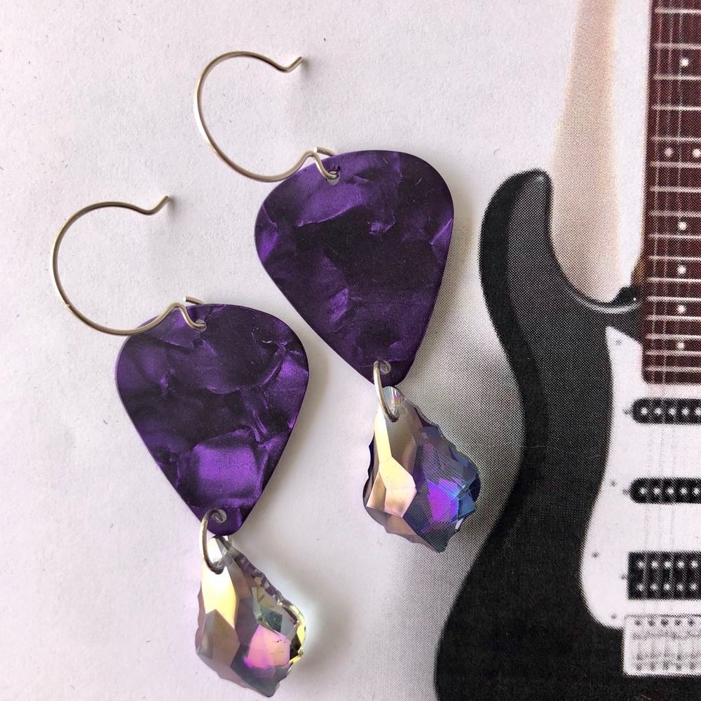 Purple Guitar Pick Earrings OOAK Swarovski